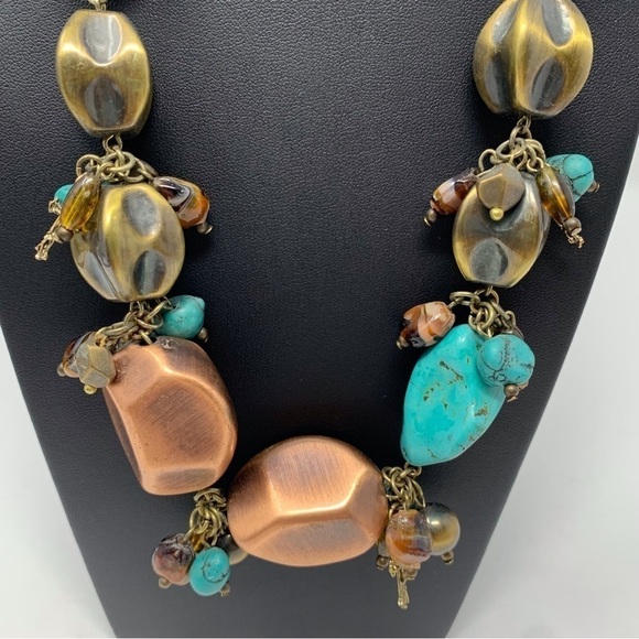 Religious Cross Chunky Brown and Blue Statement Necklace - Picture 2 of 10